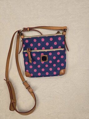 Dooney & Bourke Navy Pink Polka Dot Letter Carrier Crossbody Bag Leather Trim